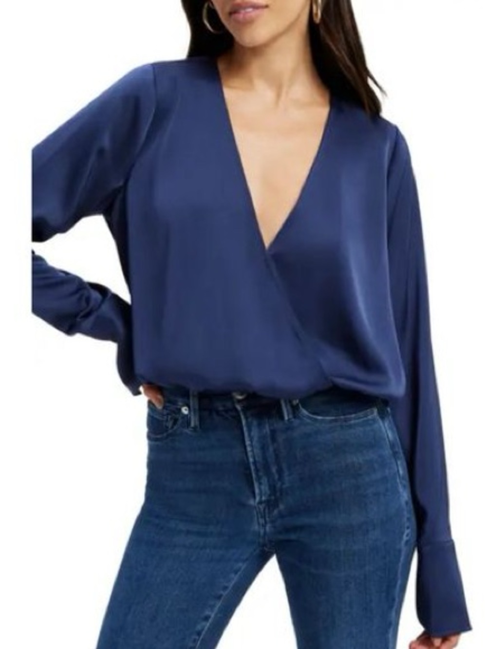Good American Size 5 XL Blue Washed Satin Wrap Front Blouse Top Great Condition